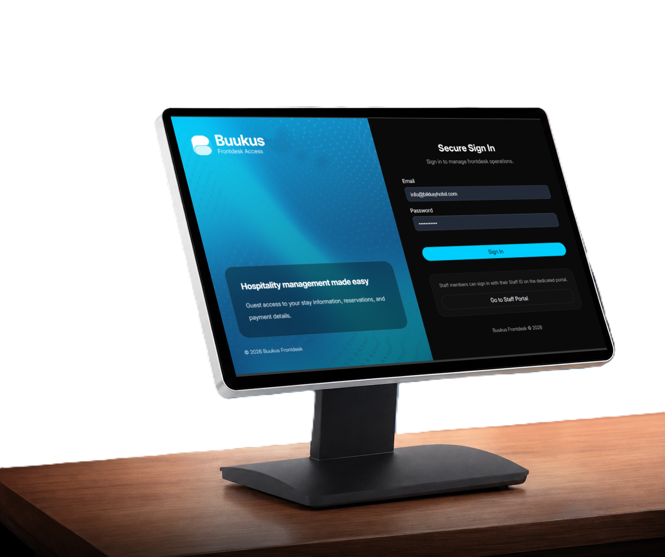 A BUUKUS front desk terminal showing the secure sign-in screen