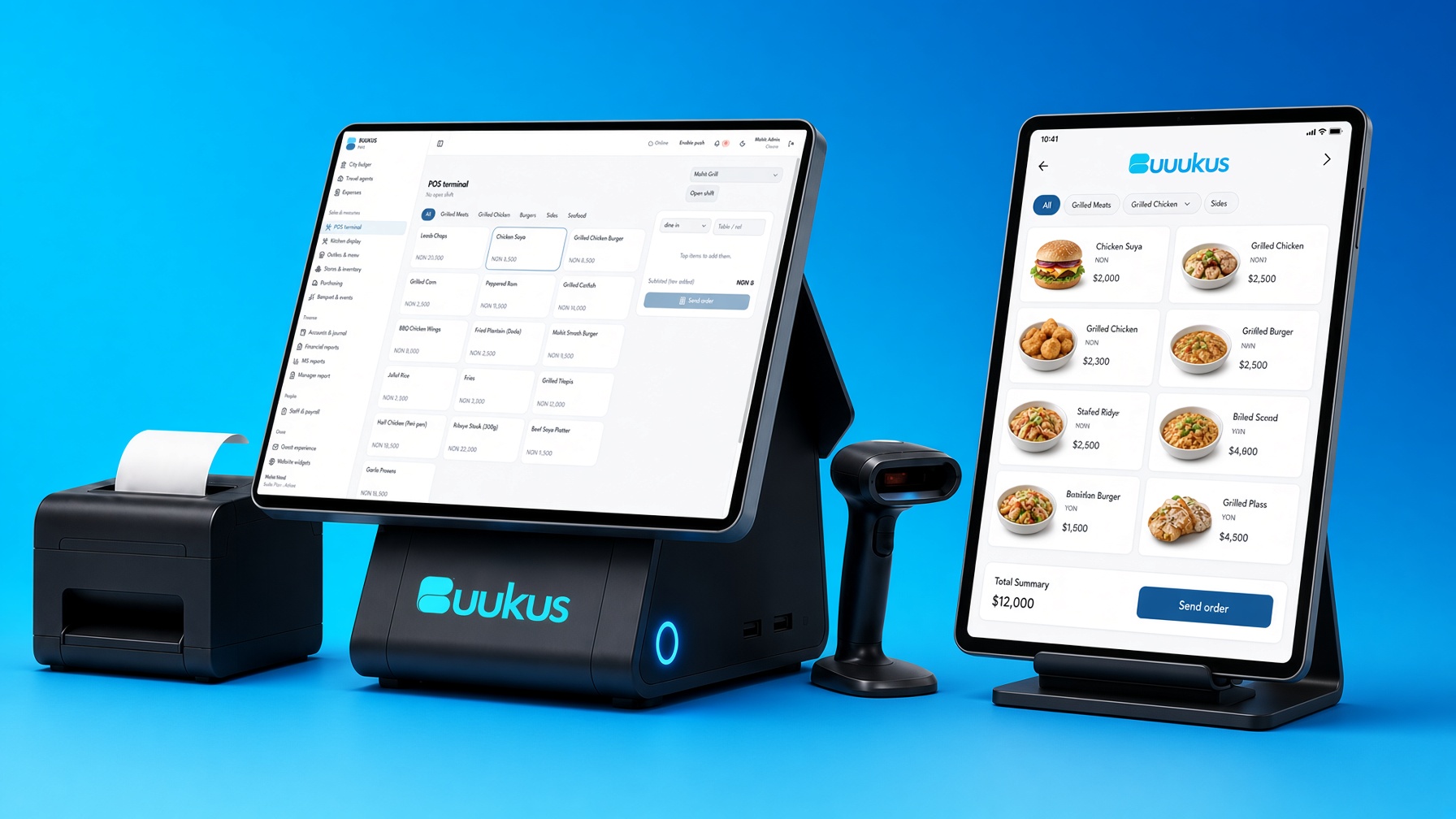 BUUKUS POS on a counter terminal and a tablet, with a receipt printer and barcode scanner