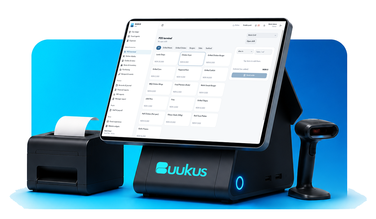 BUUKUS POS terminal with a receipt printer and barcode scanner